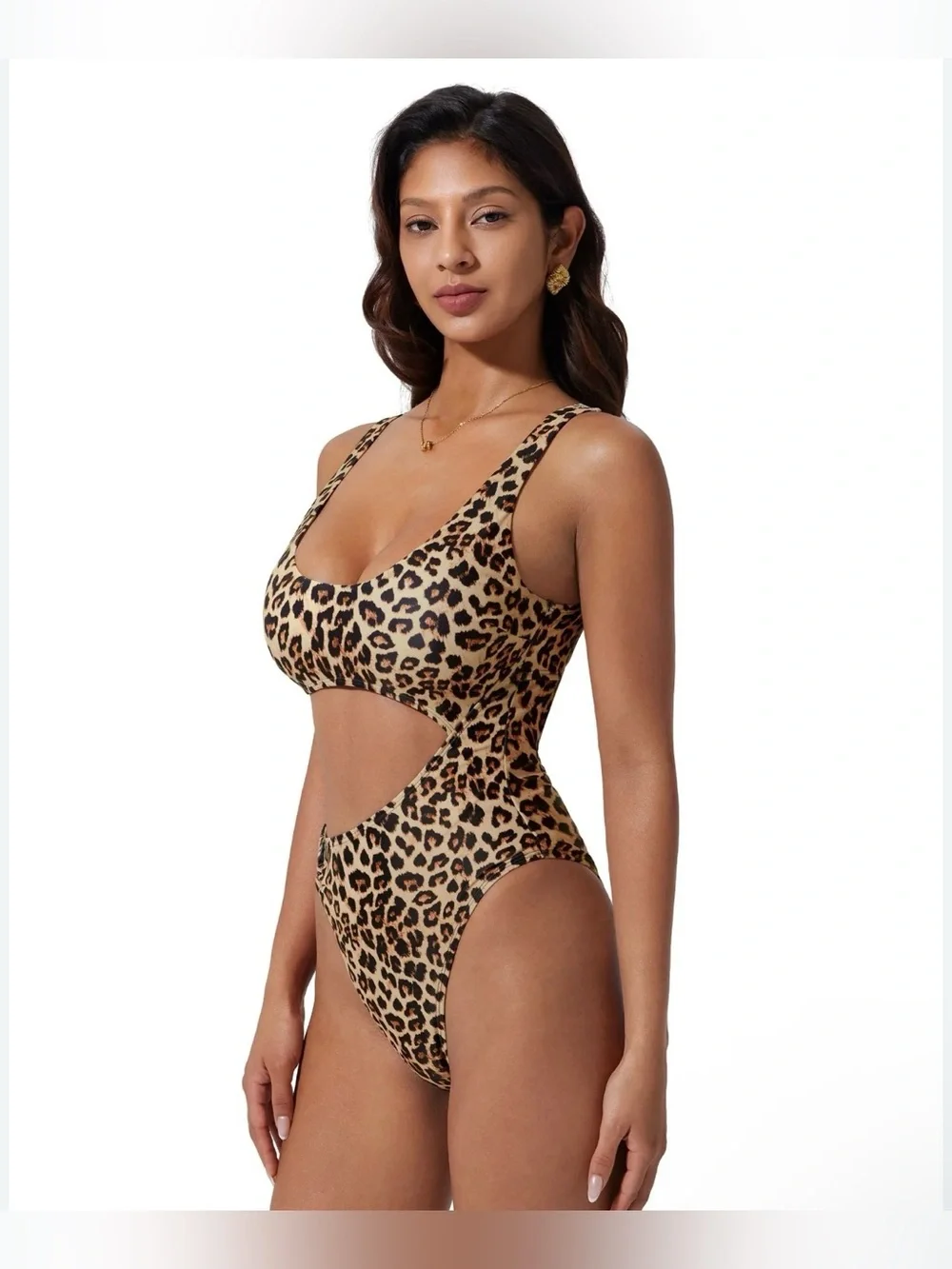 Leopard Print Cutout One-Piece Swimsuit - Tan/Black